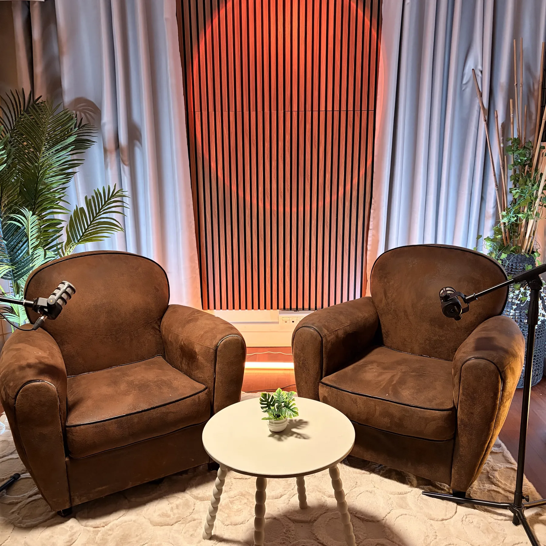 Studio Cosy devant le panneau bois à lattes